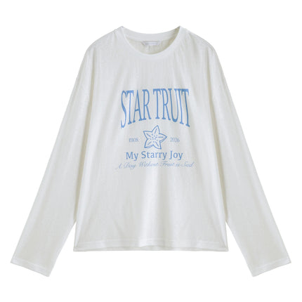 ZIQIAO Loose-fitting Linen Letter Printed T-shirt for Women Solid Long Sleeve Sheer Simple Trendy Casual Spring 2026 New Arrival