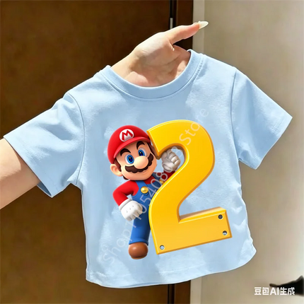 2026 New Super Mario Bros Children's Pure T-shirts Anime Birthday Numbers 1-9, Cute Anime Children's Casual T-shirts