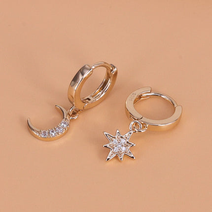 VENTFILLE 925 Sterling Silver CZ Star Moon Asymmetric Hoop Earrings for Women Girls Gold Silver Color Party Jewelry Gifts