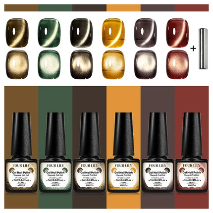 7pcs Gold Light Cat Magnetic Gel Nail Polish Set Maillard Magnetic Gel Semi Permanent Soak Off UV Gel Varnish Nail Art Manicure