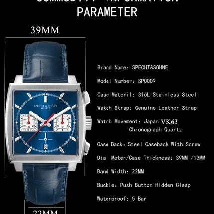 2025 Specht&Sohne Mens Watches Top Luxury Brand Blue Quartz Watch Stainless Steel Japan VK63 Chronograph Waterproof Wrist Watch
