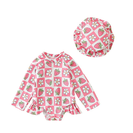Toddler Girls Long Sleeve Rash Guard Swimsuits with Sun Hat Sets Bow Pattern Zip Up Swimwear Infant Baby Beach Bathing Suits
