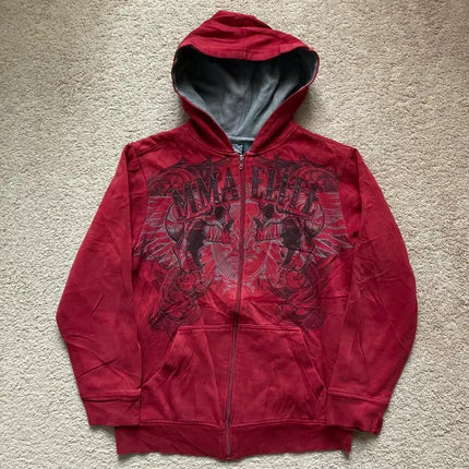 American Y2K New Fashion Joker Gothic Print Zipper Hoodie Women Street Hip-hop Retro Fleece Padded Sweatshirt Unisex Punk Hoodie