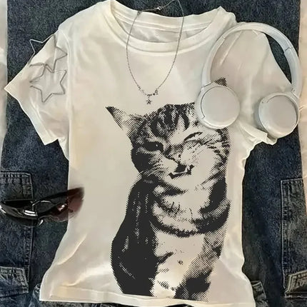 Cat Print Women High Street Oversized T Shirt Summer Harajuku Letter Graphic T Shirts Y2k Tops Streetwear Vintage Tee Clothing