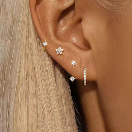 4PCS Fashion Zircon Round Hoop Earring Set Women Temperament Flower Ear Stud Huggie Earring Tragus Piercing Cartilage Jewelry