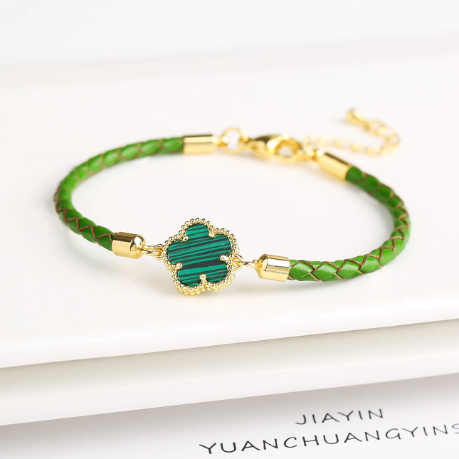 Classic Genuine Leather Woven Natural Stone Five Leaf Flower Charm Bracelet Fashion for Women Girls Party Wedding Jewelry Gift