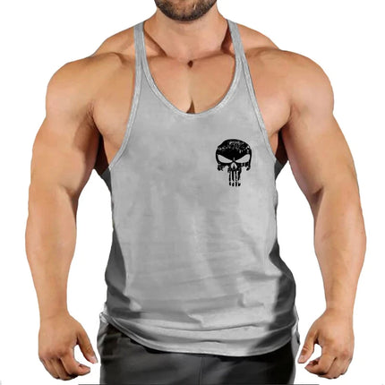 Mens Bodybuilding Faux Cotton Tank Top Gym Fitness Sports Sleeveless Top Skull Print Breathable Tank Top Mens Summer Tank Top