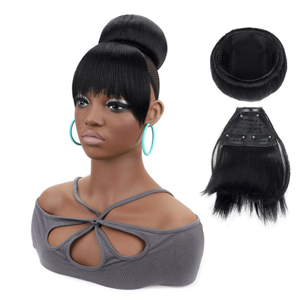 Jeedou Afro Puff Chignon with Bangs Black Hair Bun and Bangs Set Donut Bun Pad Clip-In Spherical Updo Synthetic Hairpiece