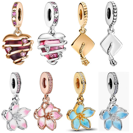 Classics 925 Sterling Silver Purple Gold Flower & Spiral Heart & Bachelor's Hat Dangle Charm Fit Brand Bracelet Thanksgiving Gift