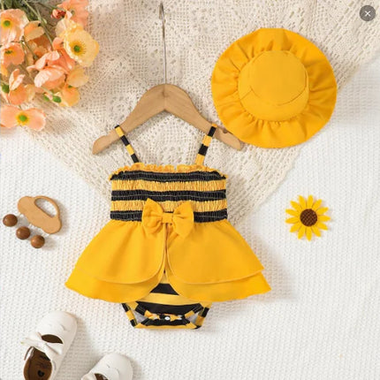 2Pcs Newborn Baby girl Little Bee Suspender Bodysuit+Hat Set for Baby girls 0-18 Months to take full moon Commemorative photos