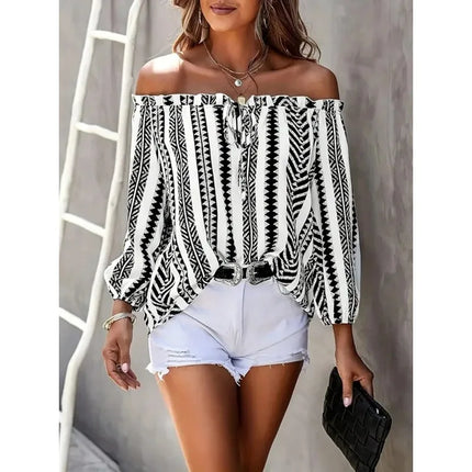 Plus Size 1XL-5XL Women Long Sleeve Sexy Slash Neck Blouse Casual Lacing Up Printed Tops Elegant Female Backless Loose Shirt