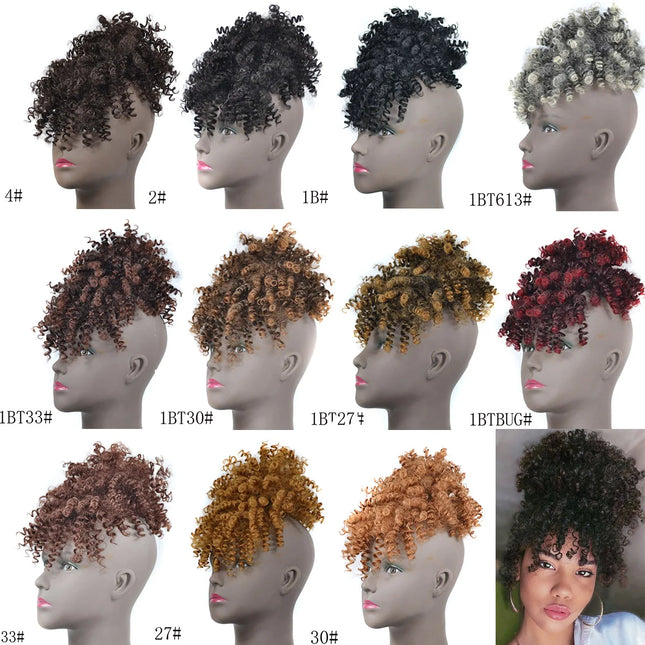 Afro Puff Updo Hair with Bangs Drawstring Ponytail Black Kinky Curly Ponytail Bun with Bangs Synthetic Hairpiece For Women