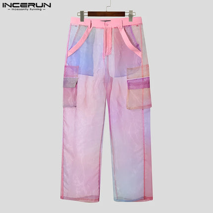 INCERUN 2025 Men Pants Mesh Gradient Button Oversize Pockets Straight Trousers Men Joggers Streetwear Joggers Fashion Long Pants