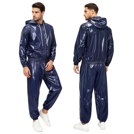 Mens Sauna Tracksuit Set Zipper Hoodie Drawstring Pants Waterproof Long Sleeve Front Zip-up Drawstring Hood Jacket with Pants