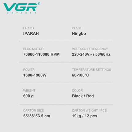 VGR Hair Dryer Professional BLDC Motor Barber Hair Dryer Machine 110000 RPM Powerful Negative Ion Hair Styling Salon Dryer V-401