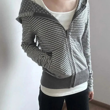 American Streetwear Women Striped Hooded Cardigan Autumn Slim Fit Cropped Zip Up Sweatshirt Casual Long Sleeve Outerwear Coat