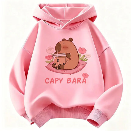 Kawaii Capybara Drinking Juice Hoodie Kids Flower Children's Sweatshirt Hoody for Boys Girls Casual Hoodies Clothes