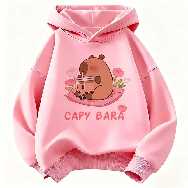 Kawaii Capybara Drinking Juice Hoodie Kids Flower Children's Sweatshirt Hoody for Boys Girls Casual Hoodies Clothes