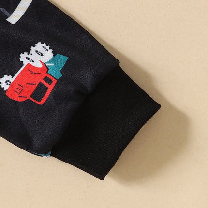 Baby autumn cartoon style two-piece set with engineering car printing and velvet hoodie pants for casual occasions