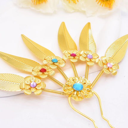 New Golden Alloy Leaf Crystal Flower Hairpin Hair Accessories for Women Thailand Ethnic Dance Party Decoration Headwear Jewelry