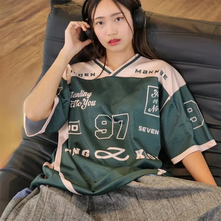 2026 New Women's Spring/Summer Y2K Fashion Casual Golden 97 Mesh Jersey Oversized Breathable Quick-Drying Sports T-shirt
