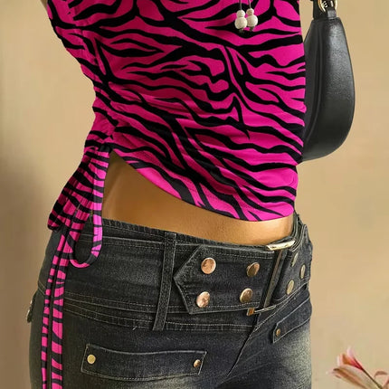 Cropped top - Women's summer vacation pleated lace-up leopard print vest, sleeveless zebra print top, pink zebra print top,