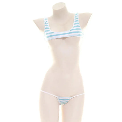 Blue White Stripe Bikini Set Women Swimsuit Striped Halter Micro Bikini Set Lolita Kawaii Swimsuit Backless String Tied Bathing
