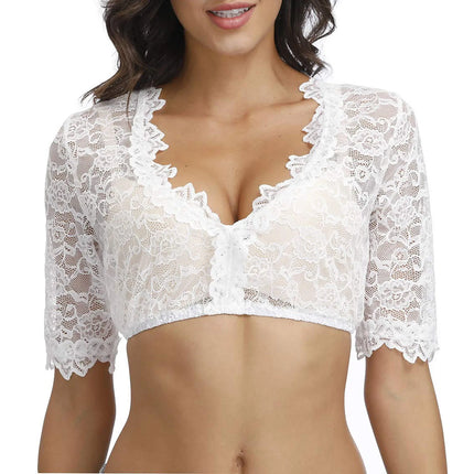 Perspective Lace Bra Women Bottoming Solid Color Cut Out Breathable Short Sleeve Lingeries For Women Sexy Deep V-Neck Tops
