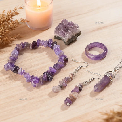 5pcs Natural Amethyst Set - Stone Bracelet, Crystal Pillar Necklace, Ring and Earrings, Healing Crystal Gemstone Accessories
