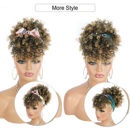 Ombre Brown Blonde Short Afro Puff Drawstring Ponytail Hair Bun, Synthetic Curly Bangs Wrap Around Headband Hairpieces for Women