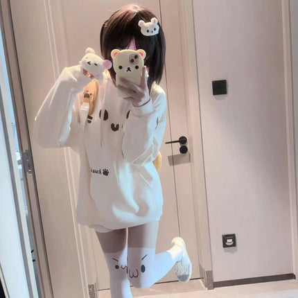 Japanese Y2k Aesthetic Cat Print Hoodies Harajuku Drawstring Sweatshirts Grunge Kawaii Pockets Women's Oversized Top 2026 New