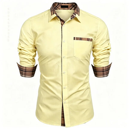 Men's shirt checkered contrasting long sleeved shirt, business casual button up shirt, personalized and trendy men's clothing