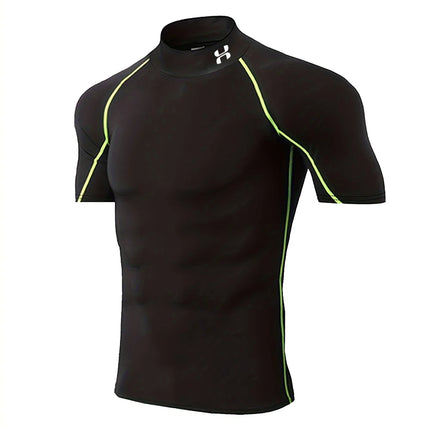 Men's Geometric Print Compression Shirt Quick-Drying Breathable Gym Workout T-Shirt Stretch Turtle Neck Training T-Shirt Tops