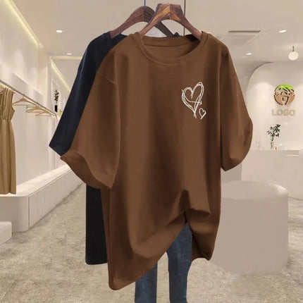 Summer 2025 New Elegant Love Print T-shirts Women Clothing Casual Loose Cotton Pullover Office Lady Basic Short Sleeve Top Tees