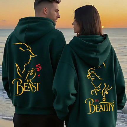 Romantic Theme Beauty and the Beast Couple Hoodies Men'S Women'S Separate Styles Pullover Casual Loose Fit Sweatshirt Hoodie Y2K