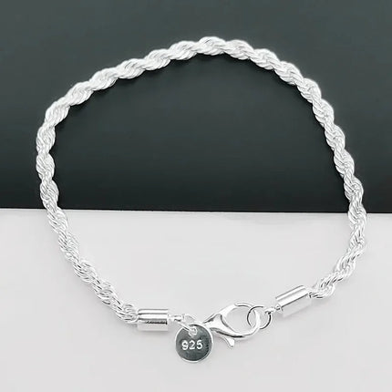 925 Sterling Silver 4MM Twisted Rope Bracelets For Women Men Fashion Minimalist Couple Chain Bracelet Male Silver Jewelry Gifts