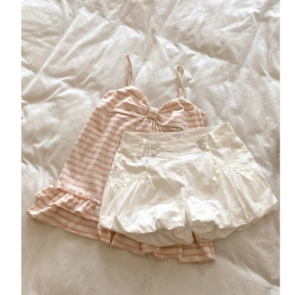 Deeptown Japanese Sweet Camis Women Kawaii Striped Pink Bow Sleeveless Vest Coquette Fashion Cute Summer Slim Up Ruffles Tanks
