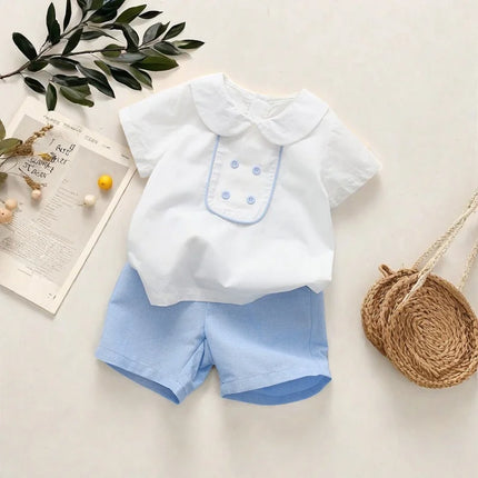 Toddler Boys' Spanish Style 2 PCS Sets 9 12 18 24 36 Months Baby Solid Cotton Top with Elastic Waist Shorts Infant Daily Suit