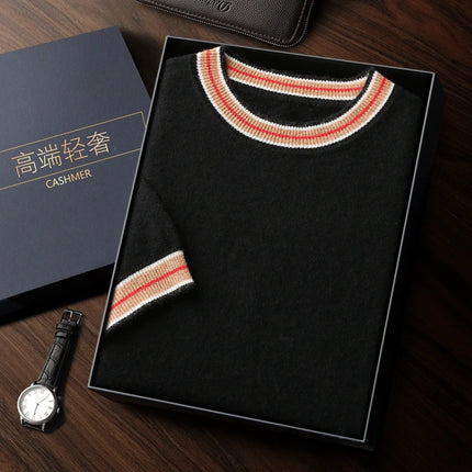 Men's T-shirt 2026 Spring/Summer New 100% Cashmere Round Neck Color Blocking Short Sleeved Knit Pullover Casual Men's Clothing