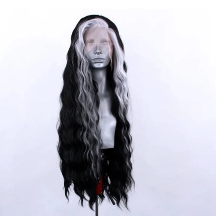 Women's Lace Front Wig Hand Hooked Black with White Highlights Long Straight Heat Resistant Synthetic Lace Wig For Cosplay