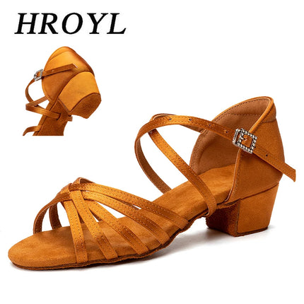 HROYL Girls Latin Dance Shoes Children Ballroom Tango Salsa Party Dancing Shoes Ladies Soft Sole Low Heels 3.5cm Training Shoes