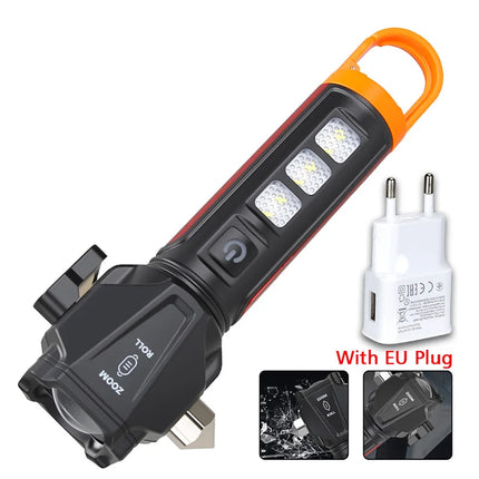 Tactica LED Flashlight w/ Safety Hammer & Seatbelt Cutter, SOS Red Strobe,Rechargeable Survival Gear for Outdoor EDC Defense