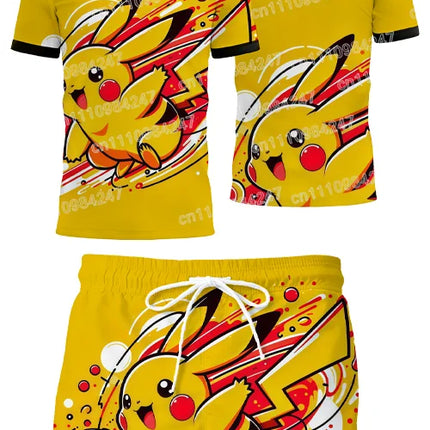2026 Sport New Pokemon Pikachu 3D Print T-shirt Shorts Set Summer Casual Two Piece Outfit Men Women Cartoon Streetwear Tracksuit