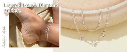 Dainty Layered Silver Anklet with Heart Charm - Elegant CZ Bracelet for Women, Waterproof & Trendy Gift