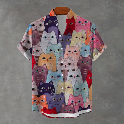 Men's New Short-Sleeved Shirt, Cartoon Cat Print, Hawaiian Style Casual Vacation Lapel Top, Wrinkle-Resistant and Non-Iron.