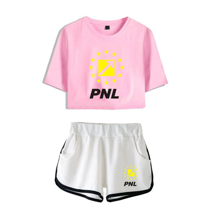 Fashion Youthful Rap Group PNL Print Two Piece Set Women Sexy Shorts+lovely T-shirt Cute Dew navel Sport Girl suits