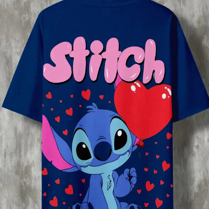 Men Disney Stitch T-Shirt, Cartoon Heart Balloon Design Casual Streetwear Top