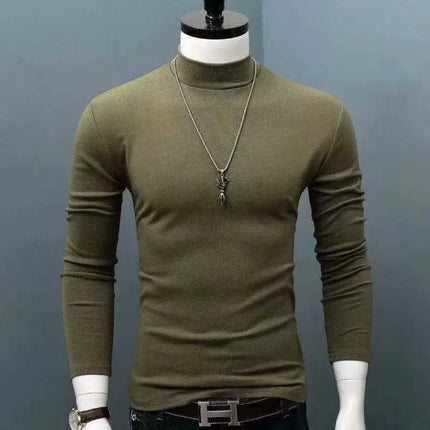 2026 Spring New Men's Turtleneck T-shirt Long Sleeve Slim Fit Solid Color High Elastic Bottoming Pullovers Basic Style Male Tops