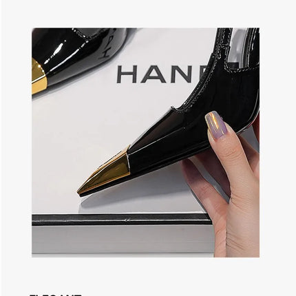 Runway Fashion YS Metal Square Toe Stiletto Heels Women's Baotou Sandals Black Pumps Color Block Glossy Design Shoes Luxury Shoe