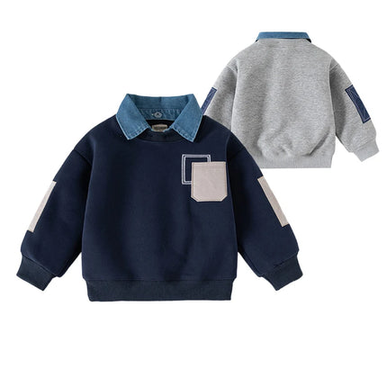 Fleece Padded False Denim Kids Tops Sweatshirt Patchwork Style Fashion Warm Kids Boys Pullover Casual Coat for Winter